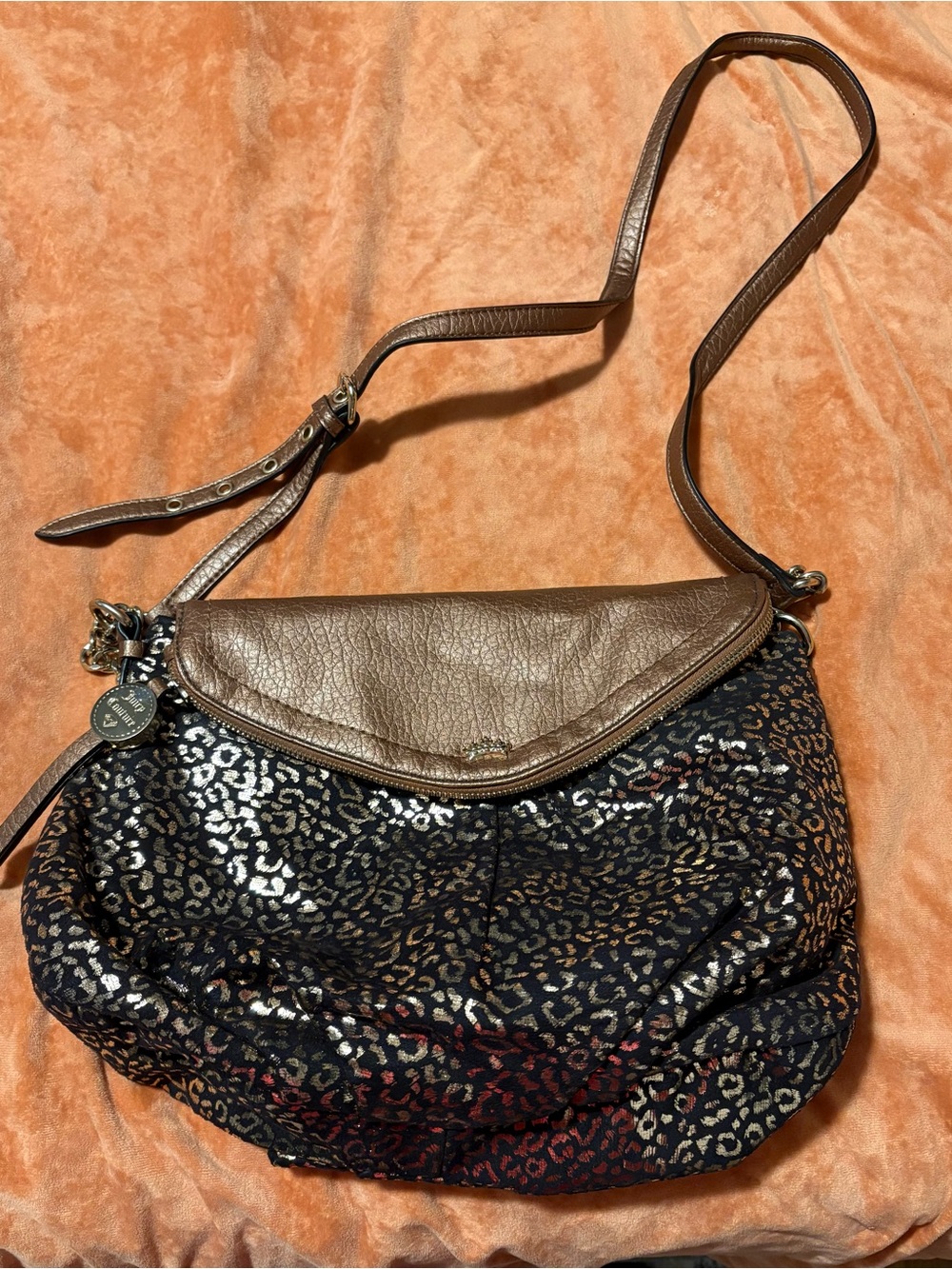 Juicy Couture Metallic Leopard Print Crossbody Bag in Brown, Black & Gold